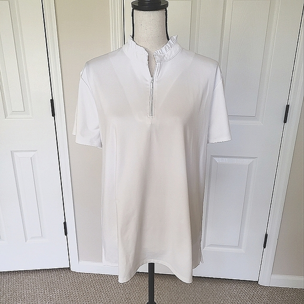 Chico's Stretch White Short Sleeve Golf Ruffle Neck 1/4 Zip Top XL